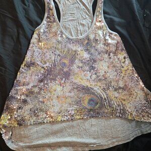 QUEEN ESTHER Racer Back Tunic Tank w/ Peacock Feather Printed Sequins NWOT/M
